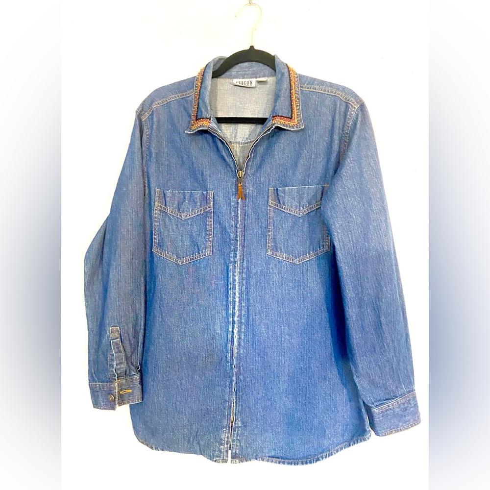 Chico's Embroidered Denim Blue Jacket Size 1